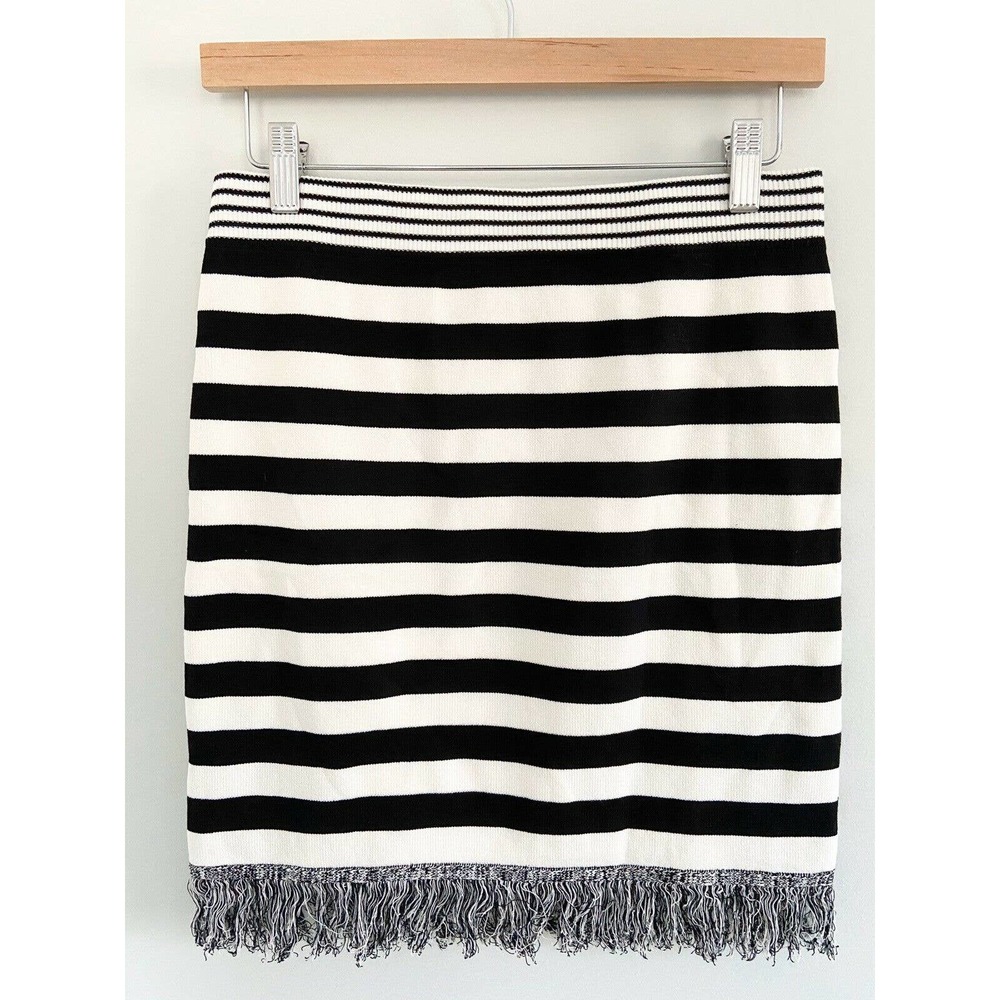 English Factory Black & White Striped Knit Fringe Skirt Sz M